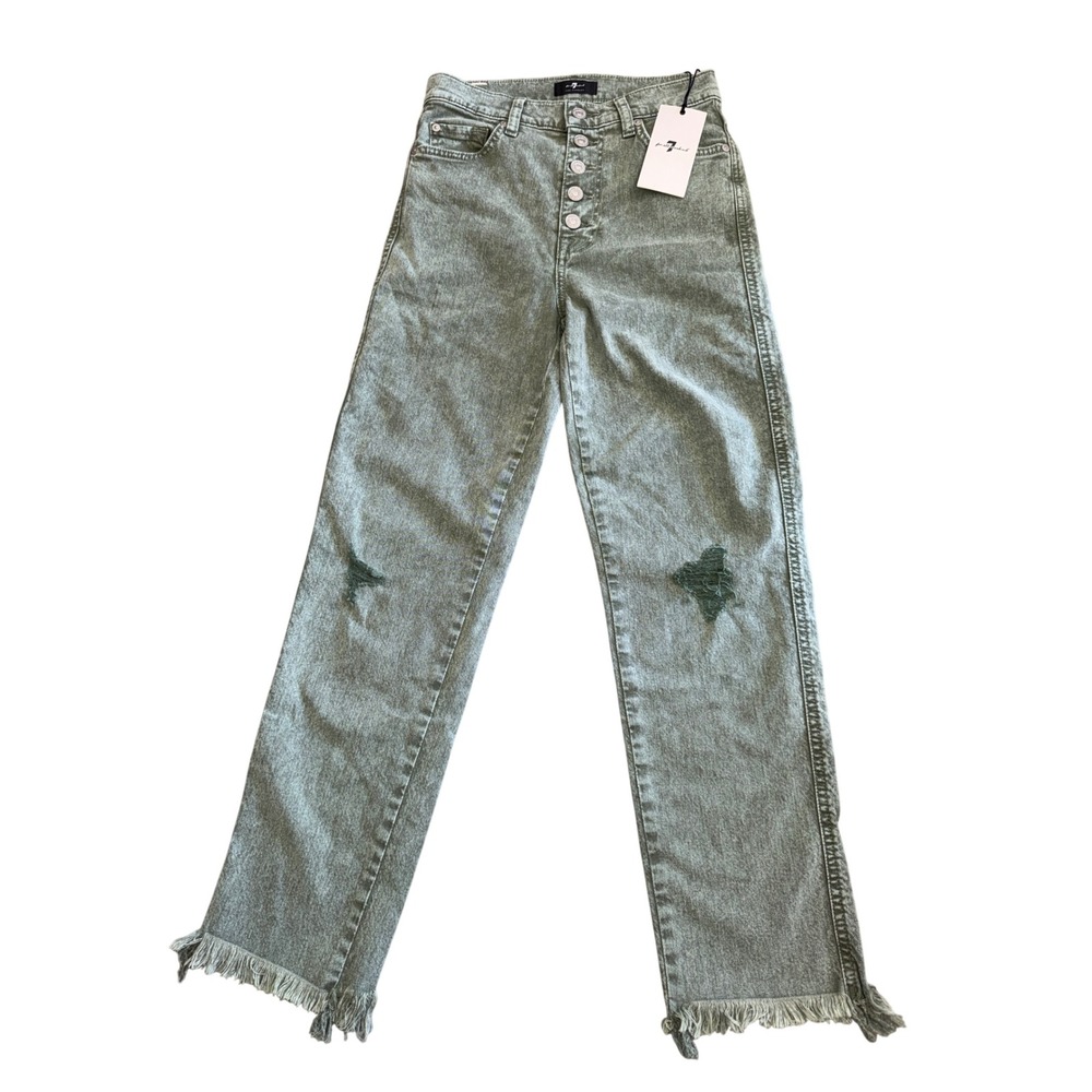 7 For All Mankind High Waist Cropped Straight Jeans Green Mineral Wash 25 NWT